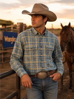 True Grit Legend Lux Cord Western Shirt Blue Yellow Plaid Snap Front Men’s Sm